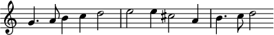 
\header {
  tagline = ##f
}

\score {
  \new Staff \with {
     \remove "Time_signature_engraver"
  }
<<
  \relative c'' {
    \key c \major
    %\clef bass
    \time 3/2
    \override TupletBracket #'bracket-visibility = ##f 

     %%% f° 3
     g4. a8 b4 c d2 e e4 cis2 a4 b4. c8 d2

  }
>>
  \layout {
     \context { \Score \remove "Metronome_mark_engraver" }
  }
  \midi {}
}
