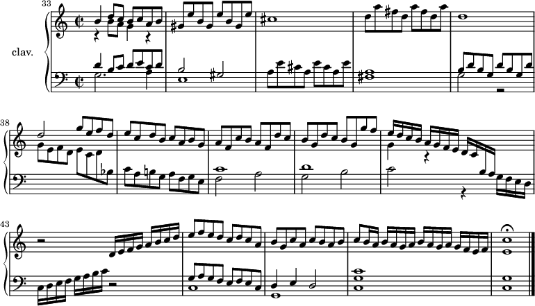 
\version "2.18.2"
\header {
  tagline=##f
}
upper=\relative c'' {
  \clef treble
  \key c \major
  \time 2/2
  \tempo 2=92
  \set Score.currentBarNumber=#33
  \bar ""

  << { b4 d8 c b c a b gis e' b gis e' b gis e' } \\ { r4 b8 a g4 r4 } >>
  cis1 d8 a' fis d a' fis d a'|d,1 \stemUp d2 g8 e f d e c d b  c a b g|a f c' b  a f d' c|b g d' c  b g g' f|
  << { \tempo 2=96 e16[ d c b] a[ g f e] d[ c \change Staff="lower" b a] } \\ { g'4 r4 } >>
   \tempo 2=90 s4 r2 d16[ e f g]  a b c d|e8 f e d c d c a|b g c a  c b a b|\tempo 2=85 c8 b16 a \repeat unfold 2 { b16[ a g a] } g f \tempo 2=50 e f|< e c' >1\fermata \bar "|."

}

lower=\relative c' {
  \clef bass
  \key c \major
  \time 2/2

  << { d4 b8 c d e c d|b2 gis } \\ { g2. a4|e1 } >>
  a8 e' cis a e' cis a e'
  << { a,1|b8 d b g d' b g d' \stemDown \change Staff="upper" g8 e f d  e c d \change Staff="lower" bes8 } \\ { fis1|g2 r2 } >>
  c8 a b! g a f g e 
  << { c'1 d  } \\ { f,2 a g b c r4 g16 f e d } >>
  \tempo 2=110 c16[ d e f] g a b c r2 
  << { \tempo 2=90 g8[ a g f]  e f e c  d4 e d2|c'1 } \\ { c,1|g|< c g' >1|q } >>
   
}

\score {
  \new PianoStaff <<
    \set PianoStaff.instrumentName=#"clav."
    \new Staff="upper" \upper
    \new Staff="lower" \lower
  >>
  \layout {
      #(layout-set-staff-size 17)
    \context {
      \Score
      \override SpacingSpanner.common-shortest-duration=#(ly:make-moment 1/2)
      \remove "Metronome_mark_engraver"
    }
  }
  \midi { \set Staff.midiInstrument=#"harpsichord" }
}
