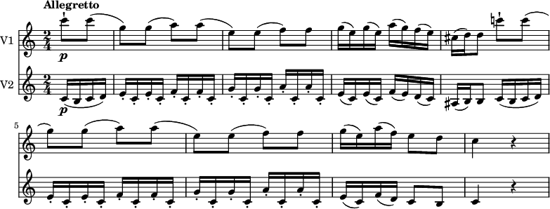 
<<
  \new Staff \with { instrumentName = #"V1 "}  \relative c'' {
         \clef "treble" 
         \tempo "Allegretto"
         \key c \major
         \time 2/4 
          \tempo 4 = 90
     \partial 4 c'8-! \p c (g) g (a) a (e) e (f) f
     g16 (e) g (e) a (g) f (e)
     cis (d) d8 c'!-! c (g) g (a) a (e) e (f) f
     g16 (e) a (f) e8 d
     c4 r
}

 \new Staff \with { instrumentName = #"V2 "} \relative c' {      
         \clef  "treble"  
         \key c \major
         \time 2/4
         \set Staff.midiMinimumVolume = #0.2 \set Staff.midiMaximumVolume = #0.5 
         \partial 4 c16 \p (b c d)
         e-.  c-. e-. c-. f-. c-. f-. c-.
         g'-.  c,-. g'-. c,-. a'-. c,-. a'-. c,-.
         e (c) e (c) f (e) d (c)
         ais (b) b8 c16 (b c d)
         e-.  c-. e-. c-. f-. c-. f-. c-.
         g'-.  c,-. g'-. c,-. a'-. c,-. a'-. c,-.
         e (c) f (d) c8 b
         c4 r
}
>>
