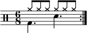 
\new Staff <<
 \new voice \relative c' {
  \clef percussion
  \numericTimeSignature
  \time 6/8
  \set Score.tempoHideNote = ##t \tempo 4. = 80
  \stemDown \repeat volta 2 { g4. d' }
  }
  \new voice \relative c'' {
  \override NoteHead.style = #'cross
  \stemUp \repeat volta 2 { a8 a a a a a }
  }
>>
