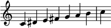 {
\override Score.TimeSignature #'stencil = ##f
\relative c' {\time 7/4 c dis e fis g a b c} }