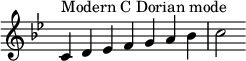  {
\key c \dorian
\override Score.TimeSignature #'stencil = ##f
\relative c' {
  \clef treble \time 7/4
  c4^\markup { Modern C Dorian mode } d es f g a bes c2
} }
