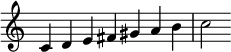  {
\override Score.TimeSignature #'stencil = ##f
\relative c' {\clef treble \time 7/4 c4 d e fis gis a b c2} }