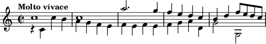 
 \relative c'' {
    \version "2.18.2"
    \key c \major 
    \tempo "Molto vivace"
    \time 2/2
  << \relative c'' {\stemUp c1 c a'2. g4 f e d c b d f8 e d c} \\  \relative c'' {\stemDown r4   c, c'  b a g f e f e f e f g a d, g2 g, }>>
}
