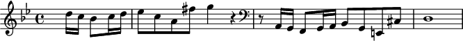 
\version "2.18.2"
\header {

  tagline = ##f
}

\score {
  \new Staff \with {

  }
<<
  \relative c'' {
    \key g \minor
    \time 4/4
    %\set Score.barNumberVisibility = #all-bar-numbers-visible
    \set Score.currentBarNumber = #5
    %\bar ""
     %%% Bach - contre sujet ^\markup{5}
    
     \partial 2 s8
     d16 c bes8 c16 d ees8 c a fis' g4 r4
      
     { \clef bass 
     r8 a,,,16 g f8 g16 a bes8 g e! cis' d1 }

  }
>>
  \layout {
     \context { \Score \remove "Metronome_mark_engraver" }
  }
  \midi {}
}
