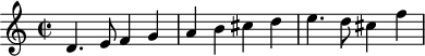 
\header {
  tagline = ##f
}

\score {
  \new Staff \with {

  }
<<
  \relative c' {
    \key c \major
    \time 2/2
    \override TupletBracket #'bracket-visibility = ##f 

     %%% f° 75v-76v
     d4. e8 f4 g a b cis d e4. d8 cis4 f

  }
>>
  \layout {
     \context { \Score \remove "Metronome_mark_engraver" }
  }
  \midi {}
}
