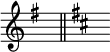 { \omit Score.TimeSignature \key g \major s8^"" \bar "||" \key d \major s^""}