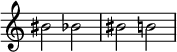 { \omit Score.TimeSignature \key c \major \time 4/4 bis'2 bes' bis' b'}