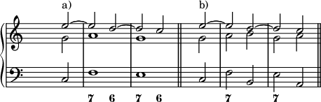 
\new PianoStaff <<
<< % wegen Generalbass
   \new Staff <<
    \set Score.tempoHideNote = ##t
    \tempo 4 = 160
    \override Staff.TimeSignature.transparent = ##t
     <<
     \new Voice = "first"
       \relative c''
         { \voiceOne s2 e^"a)" ~ e d ~ d c \bar "||" s e^"b)" ~ e d ~ d c \bar "||" }
     \new Voice = "second"
       \relative c''
         { \voiceTwo s2 g a1 g s2 g a b g a }
     >>

     >>

    \new Staff <<
           \override Staff.TimeSignature.transparent = ##t
              \clef "bass"
              \relative c { s2 c f1 e s2 c f b, e a, }
     >>
 >>
  \new FiguredBass {
    \figuremode { <_>1 <7>2 <6> <7> <6> <_>1 <7>2 <_> <7> }
   }

>> % wegen Generalbass
