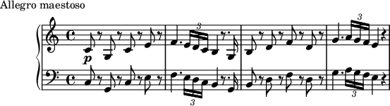 
\version "2.18.2"
\header {
  tagline = ##f
}
upper = \relative c' {
  \clef treble 
  \key c \major
  \time 4/4
  \tempo 4 = 140
  \override TupletBracket.bracket-visibility = ##f

   %%Mozart — Concerto 21 mvt 1, th. 1
   c8\p r8 g r8 c r8 e r8 f4. \tuplet 3/2 { e16 d c } b4 r8. g16 b8 r8 d r8 f r8 d r8 g4. \tuplet 3/2 { a16 g f } e4 r4

}

lower = \relative c {
  \clef bass
  \key c \major
  \time 4/4

   c8 r8 g r8 c r8 e r8 f4. \tuplet 3/2 { e16 d c } b4 r8. g16 b8 r8 d r8 f r8 d r8 g4. \tuplet 3/2 { a16 g f } e4 r4
}

  \header {
    piece = "Allegro maestoso"
  }

\score {
  \new PianoStaff <<
    \new Staff = "upper" \upper
    \new Staff = "lower" \lower
  >>
  \layout {
    \context {
      \Score
      \remove "Metronome_mark_engraver"
      \override SpacingSpanner.common-shortest-duration = #(ly:make-moment 1/2)
    }
  }
  \midi { }
}
