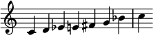 {
\override Score.TimeSignature #'stencil = ##f
\relative c' {\time 7/4 c d ees e fis g bes c} }