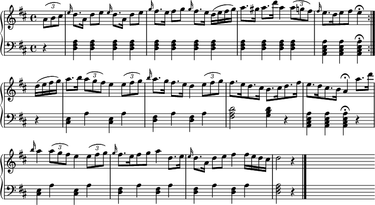 
{
 \new PianoStaff <<
  \new Staff \relative c'' { \clef "treble" \key d \major \time 4/4 \override TupletBracket #'direction = #1 \override Score.BarNumber #'break-visibility = #'#(#f #f #f)
   \repeat volta 2 { \partial 4 \times 2/3 { a8( b cis) } | \grace e16 d8.[ a16] d8[ e] \grace e16 d8.[ a16] d8[ e] | \grace g16 fis8.[ e16] fis8[ g] \grace g16 fis8.[ e16] d16[( e fis g)] \noBreak | a8.[ gis16] a8.[ d16] a4 \times 2/3 { a8( g fis) } | \grace fis16 e8.[ d16 e8 fis] e4\fermata | } \break
   d16( e fis g) | a8.[ b16] \times 2/3 { a8( g fis) } e4 \times 2/3 { e8( fis g) } | \grace b16 a8.[ g16] fis8.[ e16] d4 \times 2/3 { e8( fis g) } | fis8.[ e16 d8. cis16] b8.[ cis16 d8. fis16] | e8.[ d16 cis8. b16] a4\fermata a'8.[ d16] \break
   \grace b16 a4 \times 2/3 { a8( g fis) } e4 \times 2/3 { e8( fis g) } | \grace g16 fis8.[ e16 fis8 g] a4 d,8.[ e16] | \grace e16 d8.[ a16] d8[ e] fis4 fis16[ e d cis] | d2 r4 \bar "|." s4 \bar "" s1 \bar ""
  }
  \new Staff { \clef "bass" \key d \major
   \repeat volta 2 { \partial 4 r4 | <d fis a> q q q | q q q q | q q q q | <a, cis e a> q q\fermata | }
   r4 | <cis e> a <cis e> a | <d fis> a <d fis> a | <fis a d'>2 <g b d'>4 r | <a, cis e a> q q\fermata r |
   <cis e> a <cis e> a | <d fis> a <d fis> a | <d fis> a <d fis> a | <d fis a>2 r4 | s4 \bar "" s1 \bar ""
  }
 >>
}
