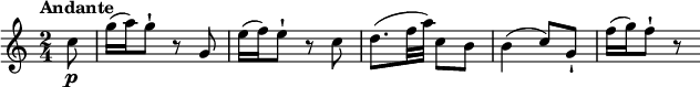 
\relative c'' {
   \version "2.18.2"
    \key c \major
    \time 2/4
    \tempo "Andante" 
 \partial 4 \partial 8 c8\p g'16 (a) g8-! r8 g,8
 e'16 (f) e8-! r8 c8
 d8. (f32 a) c,8 b
 b4 (c8) g-!
 f'16 (g) f8-! r8
  }
