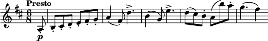 
\version "2.18.2"
\relative c'' {
  \key d \major
  \time 6/8
  \tempo "Presto "
  \tempo 4 = 160
  \partial 8  a,8-. \p 
  b-. cis-. d-.  e-. fis-. g-.
  a4 (fis8) d'4.->
  b4 (g8) e'4.->
  d8 (cis) b-. a (b') a-.
  g4. (fis4)
}
