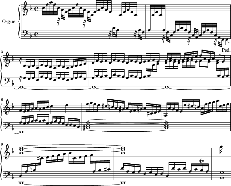 
\version "2.18.2"
\header {
  tagline=##f
  % composer="Johann Pachelbel"
  % opus=""
  % meter=""
}

%% les petites notes
trillBesqq   ={ \tag #'print { bes16\trill } \tag #'midi { \times 2/3 { bes32 a bes } } }

upper=\relative c'' {
  \clef treble
  \key f \major
  \time 4/4
  \tempo 4=78
  \set Staff.midiInstrument=#"church organ"
  \override TupletBracket.bracket-visibility=##f

      c32 f a f c s32 s16 a32 c f c a s32 s16 f32 a c a f s32 s16 c32 f a f c s32 s16| \stemUp  \change Staff="lower" a32  \change Staff="upper"  c f c \stemUp  \change Staff="lower"   a s32 s16 f32 a c a f s32 s16 c32 f a f c s32 s16 s4|\stemNeutral  \change Staff="upper" 
      % ms. 3
      r16 c'16 bes c a d c bes a c bes a bes c d e|f a g a f bes a g f a g f g a bes g|\stemUp a c bes a bes c d e f c bes c a8 g \stemNeutral|
      % ms. 6
      f16 e f g a g a bes c4 d|e16 f e d cis b a gis a e f g a cis, d e|a, a' g f e d' cis b a e' f g a cis, d e|
      % ms. 9
      < a, d f >1^~ q|g'16

}

lower=\relative c' {
  \clef bass
  \key f \major
  \time 4/4
  \set Staff.midiInstrument=#"church organ"
  \override TupletBracket.bracket-visibility=##f

    % ************************************** 
      \stemDown \change Staff="upper"  s8 r32 a'32 f16 s8 r32 f32 c16 \stemNeutral \change Staff="lower" s8 r32 c32 a16 s8 r32 a32 f16|s8 r32  f32 c16 s8 r32 c32 a16 
      % ms. fin 2…
      << { s2 r16 a'16 g a  f bes a g  f a g f  g a bes g|a c bes c a d c bes a  c bes a bes c \stemDown \change Staff="upper" d16 e|f a g f g a bes g a8 g f16 \stemUp \change Staff="lower" c16 bes c|
      %. ms. 6
      a16 g a bes c bes c g a bes a g f f e d }
      \\ { s8 r32 a32 f16~_\markup{Ped.} f4~|f1~ f~ f~ f~ } >>
      % ms. 7
      < cis' e a >1~ q 
      % ms. 9
      << { d16 a' b \stemDown \change Staff="upper" cis d e f g a cis, d e f \stemUp \change Staff="lower" a,16 b cis|d a g a f g e f d d' c d a c \trillBesqq a16 } \\ { d,,1~ d } >>|< bes' g' >1*1/8


}

thePianoStaff=\new PianoStaff <<
    \set PianoStaff.instrumentName=#"Orgue"
    \new Staff="upper" \upper
    \new Staff="lower" \lower
  >>

\score {
  \keepWithTag #'print \thePianoStaff
  \layout {
      #(layout-set-staff-size 17)
    \context {
      \Score
     \override SpacingSpanner.common-shortest-duration=#(ly:make-moment 1/2)
      \remove "Metronome_mark_engraver"
    }
  }
}

\score {
  \keepWithTag #'midi \thePianoStaff
  \midi { }
}
