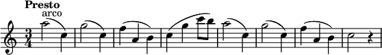 
\new Staff {
  \time 3/4
  \tempo Presto 4. = 200
  \set Score.tempoHideNote = ##t
  |
  a''2^"arco"(
  c''4)
  |
  g''2(
  c''4)
  |
  f''4(
  a'4
  b'4)
  |
  c''4(
  g''4
  c'''8[
  b''8])
  |
  a''2(
  c''4)
  |
  g''2(
  c''4)
  |
  f''4(
  a'4
  b'4)
  |
  c''2
  r4
}
