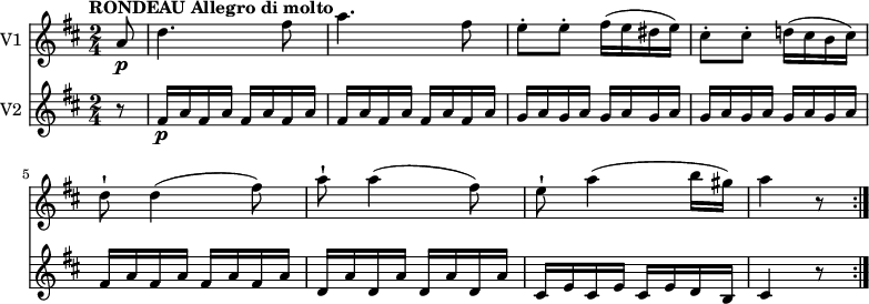 
<< \new Staff \with { instrumentName = #"V1 "}
    \relative c'' {
    \version "2.18.2"
    \key d \major 
    \tempo "RONDEAU Allegro di molto"
    \time 2/4
    \tempo 4 = 140
  \partial 8 a8\p  d4. fis8 a4. fis8
  e-. e-. fis16 (e dis e)
  cis8-. cis-. d!16 (cis b cis)
  d8-! d4 (fis8)
  a8-! a4 (fis8)
  e-! a4 (b16 gis) a4 r8 \bar ":|."
}
\new Staff \with { instrumentName = #"V2 "} \relative c' {
    \key d \major 
    \partial 8 r8
    \set Staff.midiMinimumVolume = #0.2 \set Staff.midiMaximumVolume = #0.5
    fis16\p a  \repeat unfold 7 {fis16 a}  \repeat unfold 8 {g16 a}
    \repeat unfold 4 {fis16 a} \repeat unfold 4 {d,16 a'}
    cis, e cis e cis e d b cis4 r8 \bar ":|."
 }
>>
