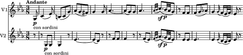 
<<
  \new Staff \with { instrumentName = #"V1"}  \relative c' {
         \clef "treble" 
         \tempo "Andante"
         \key ees \major
         \time 3/8
          \tempo 4 = 50
    \partial 8 g8 \p _ \markup{con sordini} c4 (ees8)
    b (c g')
    aes (g fis)
    g4 g8
    aes4. ~ aes8 (g) g
    aes4.
    \grace {aes32 (bes} c8.)\sf (bes32\p aes g8)
    r8 f f
    f (g aes!)
    g4  \grace g32 (f16) (ees32 f) 
    ees8 r
}
 \new Staff \with { instrumentName = #"V2 "} \relative c' {      
         \clef  "treble"  
         \key ees \major
         \time 3/8  
         \partial 8 r8 r g\p  _ \markup{con sordini} g g4 r8
         ees'4.  ~ ees8 (d) r r f f f4 r8 r f (ees)
          \grace {f32 (g} aes8.)\sf (g32\p f ees8)
         r8 ees ees
         ees4.
        ees4 \grace ees32 (d16) (c32 d) 
        ees8 r
         
}
>>
