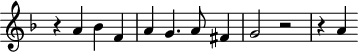 
\header {
  tagline = ##f
}

\score {
  \new Staff \with {
     \remove "Time_signature_engraver"
  }
<<
  \relative c'' {
    \key f \major
    %\clef bass
    \time 4/4
    \override TupletBracket #'bracket-visibility = ##f 

     %%% f° 35
     r4 a4 bes f a g4. a8 fis4 g2 r2 r4 a4

  }
>>
  \layout {
     \context { \Score \remove "Metronome_mark_engraver" }
  }
  \midi {}
}
