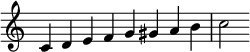  {
\override Score.TimeSignature #'stencil = ##f
\relative c' {\clef treble \time 8/4 c4 d e f g gis a b c2} }