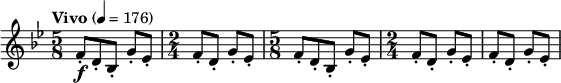 
\relative c' \new Staff {
  \key bes \major \clef "treble"
  \set Staff.midiInstrument = "clarinet"
  \tempo "Vivo" 4 = 176

  \time 5/8 f8-.\f d-. bes-. g'-. es-. | \time 2/4 f-. d-. g-. es-. |
  \time 5/8 f8-. d-. bes-. g'-. es-. | \time 2/4 f-. d-. g-. es-. | f-. d-. g-. es-. |
}
