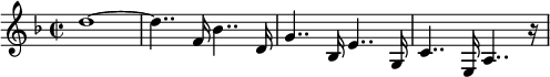 
{ \set Staff.midiInstrument = #"piano" \key d \minor \clef treble \time 2/2 \set Score.tempoHideNote = ##t \tempo 4 = 110
         d''1~
         d''4.. f'16 bes'4.. d'16
         g'4.. bes16 e'4.. g16
         c'4.. e16 a4.. r16 }
