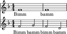  { \new ChoralStaff << \new Staff \relative c' { \clef treble \key f \major \numericTimeSignature \time 4/4 f1 | f1 } \addlyrics { Bimm bamm } \new Staff \relative c' { \clef treble \key f \major \numericTimeSignature \time 4/4 f2 g | f d } \addlyrics { Bimm bamm bimm bamm } >> } 