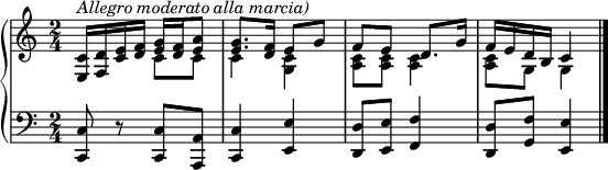  {
\set Score.tempoHideNote = ##t
\new PianoStaff <<
  \new Staff { \clef violin \key c \major \time 2/4 \tempo 4 = 60
    <e c'>16^\markup{\italic{Allegro moderato alla marcia)}} <f d'> <c' e'> <d' f'>
    << { \voiceOne
        <e' g'>16 <d' f'> <e' a'>8
        <e' g'>8. <d' f'>16 e'8 g'
        f'8 e' d'8. g'16
        f'16 e' d' b c'4
    }
    \new Voice { \voiceTwo
      c'8 c'
      c'4 <g c'>
      <a c'>8 <a c'> <a c'>4
      <a c'>8 g g4
    } >> \oneVoice
    \bar "|."
  }
  \new Staff { \clef bass \key c \major \time 2/4
    <c, c>8 r <c, c> <a,, a,>
    <c, c>4 <e, e>
    <d, d>8 <e, e> <f, f>4
    <d, d>8 <g, f> <e, e>4 \bar "|."
  }
>> }