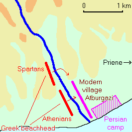 Color diagram of the positions and movements at the Battle of Mycale. The shoreline runs at the bottom and is marked with a black line, the Gaison river runs from top to down in the center and is marked dark blue, the Spartan and Athenian wings are marked maroon on the left side of the Gaison. The Persian line is marked purple on the right of the Gaison, with their camp to their rear near the shoreline, shaded in purple.