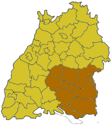 Map o Baden-Württemberg heichlichtin the Regierungsbezirk o Tübingen