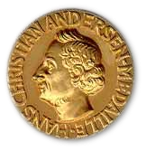 A golden medallion with an embossed image featuring a bust of Andersen.