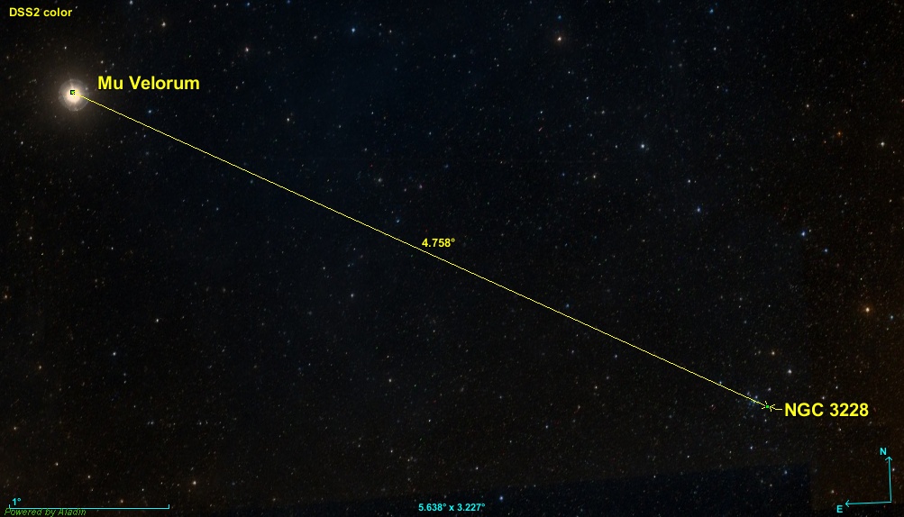 Position de NGC 3228 par rapport à l'étoile Mu Velorum.