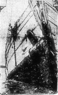 A close up of the San Pedro's bow, showing the damage sustained in the collision with the Columbia.