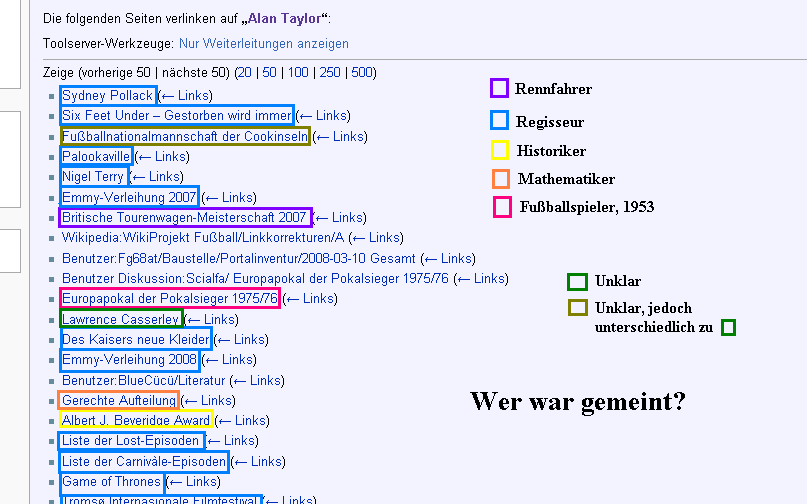 Bei der Anlage diese BKS stellte sich heraus, daß schon zu dem Zeitpunkt Links auf siebenverschiedene Personen gesetzt waren. Deswegen sind Begriffsklärungsseiten, die nur rote Links haben, sinnvoll. --Matthiasb – (CallMyCenter) Wikinews ist nebenan! 11:26, 20. Mär. 2024 (CET)