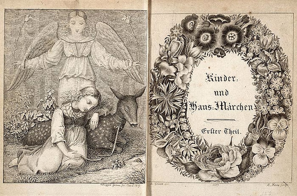 Frontispiece and decorative title page of 1819 edition of Brothers Grimm Kinder- und Hausmarchen, illustrated by Ludwig Emil Grimm, engraved by L. Haas. (Wikimedia Commons)