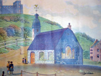 A painting showing a small stone church with a gambrel roof, seen from the rear, with a fort on a hill in the background