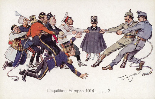 Caricatura satírica sobre la neutralitat italiana: Víctor Manuel III (centre) assisteix a l'estira-i-arronsa entre les Potències Centrals i les nacions de l'Entente