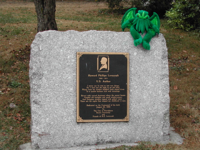 File:H.P. Lovecraft plaque w stuffed Cthulhu.jpg