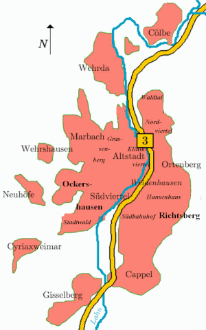 Lage der Stadtteile im Stadtgebiet, ohne Lahnberge