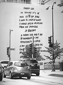 Banner displayed over a Gap store building with the message (all caps): "Thank God. Hi Chicago it's me Ye. This is the Gap store I used to shop at when I would drive my Nissan from the southside. So blessed. I thank God and I am so humbled at the opportunity to serve. I put my heart into color palette and every detail I love from the original. Do you like stuff? I don't know what to do with my hands. Love, YZY/Yeezy.