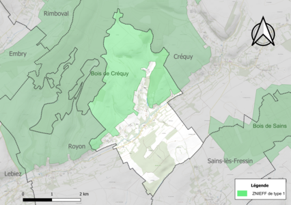 Carte de la ZNIEFF de type 1 sur la commune.