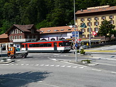 MIB car passes through centre of Innertkirchen at Innertkirchen Post