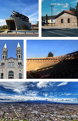 Top:Apizaco little steam locomotive machine (La Maquinita de Apizaco), Piedra House Museum, Second:Basilica of Santa Maria de la Misericordia (Apizaco Cathedral), Apizaco Bullring (Plaza de toros Apizaco), Bottom:Panoramic view of Apizaco (all item from left to right)