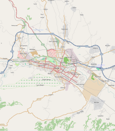 Mapa konturowa Skopje, w centrum znajduje się punkt z opisem „Skopje”