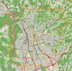 Mapa konturowa Grazu, blisko centrum na dole znajduje się punkt z opisem „Gruabn”