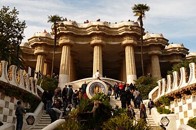 Art Nouveau Doric columns and entablature of The Greek Theatre in the Park Güell, Barcelona, Spain, by Antoni Gaudí, 1900–1914[29]