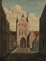 Binnenzijde van de Binnen-Apoort ten tijde van de afbraak in 1828 (zie ook litho uit 1832)