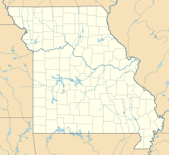 Mapa konturowa Missouri, blisko centrum po lewej na dole znajduje się punkt z opisem „Ash Grove”