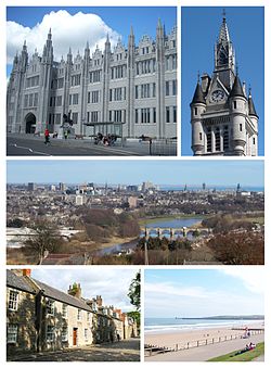 Fae left tae richt: Marischal College, Wast Touer o the new Toon Hoose on Union Street, River Dee view fae Tollohill Wids, Auld Aiberdeen Heich Street, Aiberdeen Beach