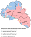 Ethnic map of Harghita, Covasna, and Mureș based on the 1992 data, showing areas with Hungarian majority